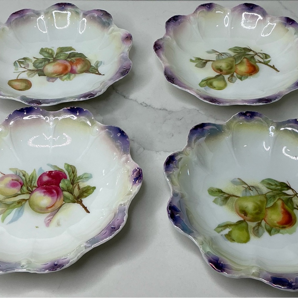 Vintage German Berry Bowls with Scalloped Edges Fruit Design Porcelain Preloved